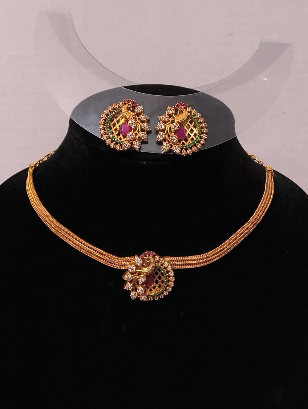 Gold-Tone Pink & Green Pendant Choker with Matching Earrings